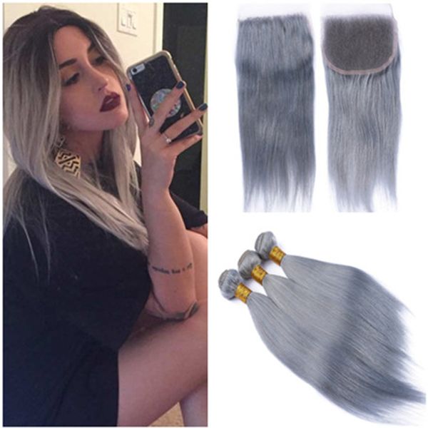 

Silver grey 4x4 lace clo ure middle 3 part with bundle deal traight colored grey virgin brazilian human hair weave with clo ure