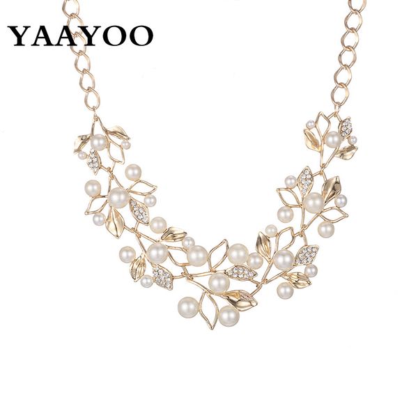 

whole saleyaayoo imitation pearl rhinestone flowers leaves metal yellow/white color statement necklace women jewelry, Silver