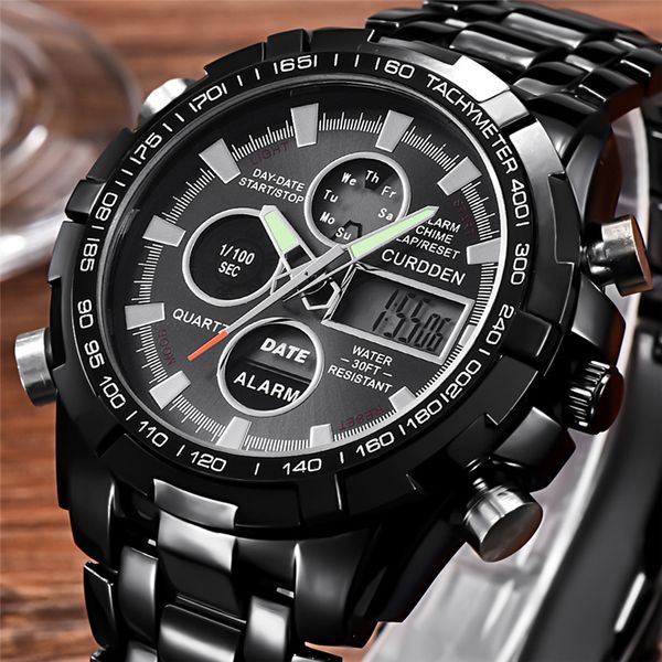 

luxury dual display business watches men rose gold black steel quartz watch male sport calendar alarm multifuncional wristwatch, Slivery;brown