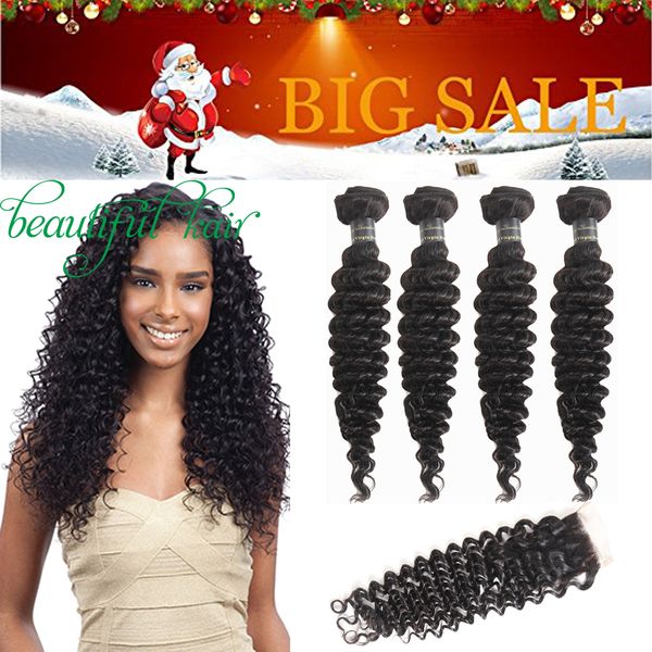 Brazilian Virgin Hair With Lace Closure Deep Wave Kinky Curly