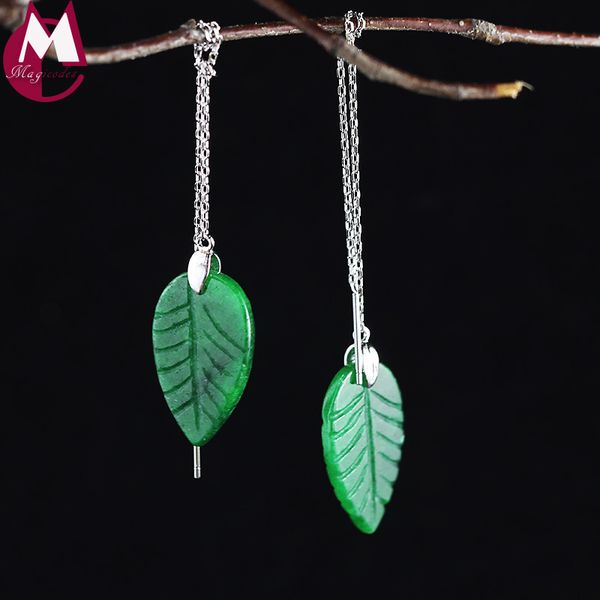 

green jade earrings for women 925 sterling silver earrings fashion plant carving fine long ear chain leaf gemstone jewelry se118, Golden;silver