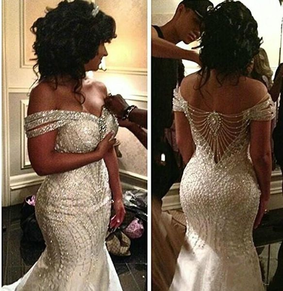

african beading off the shoulder wedding dresses backless sequin bridal gowns sweep train mermaid wedding gowns custom made bridal vestidos, White