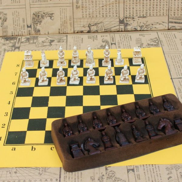 

retro international chess - terracotta warrior figures modeling small size chess pieces - with leather chessboard