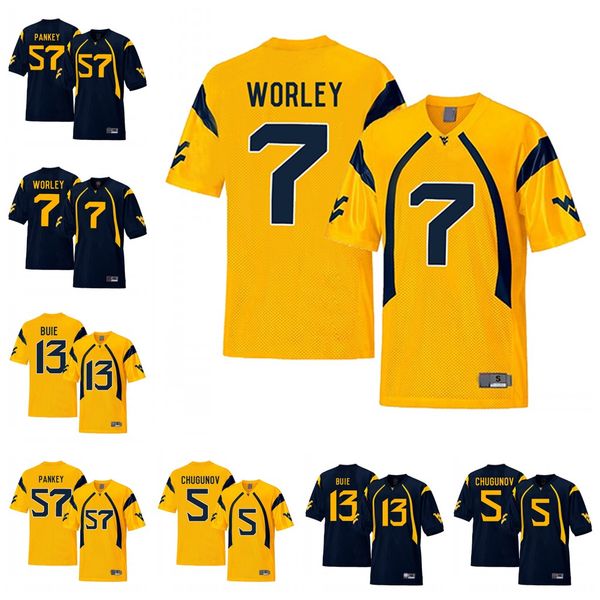 

ncaa wvu west virginia mountaineers 7 daryl worley 5 chris chugunov 13 andrew buie 57 adam pankey navy gold college football jerseys, Black;red
