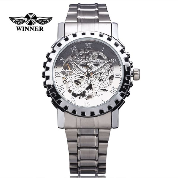 

2016 winner men mechanical automatic gold watches male skeleton steel fashion wrist watches dragon dial gear case, Slivery;brown