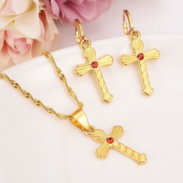

new african jewelry sets 14k yellow solid gold fine filled crystal cross redzircon pendant necklace chain kids party dubai arab gift, Silver