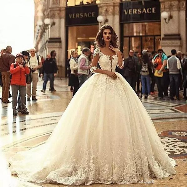 

Vintage Gorgeous Ball Gown Wedding Dresses 2018 Half Sleeve Lace Applique vestido de novia Bridal Wedding Gowns Plus Size