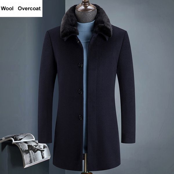

2018 new real fur collar manteau laine homme thicken warm detachable duck down liner wool overcoat men, Black
