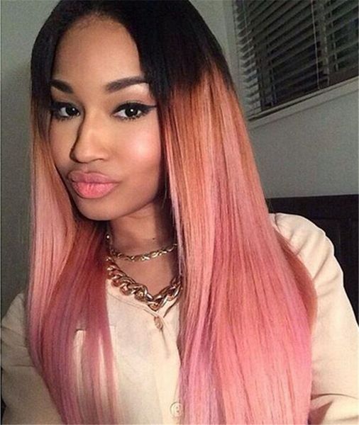 Ombre Wigs Sexy Silky Straight Dark Root To Pink Ombre Hair Wig