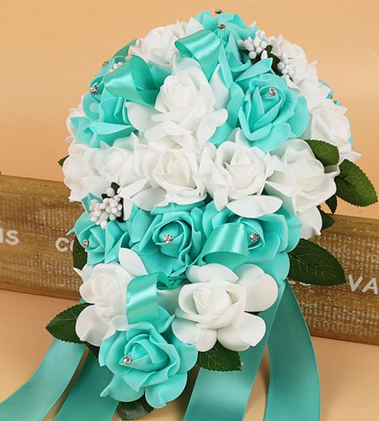 

2018 Foam Flower Artificial Bridal Bouquets Crystal Bridesmaid Bridal Wedding Bouquets Water Drop Shaped Turquoise Royal Blue