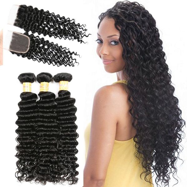 7a Indian Deep Wave With Closure Virgin Deep Curly Hair 3 Bundles