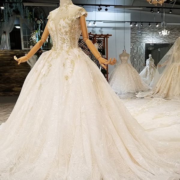 

2019 new arrival popular wedding gown high neck cap sleeves with golden beads ball gown bride luxury wedding dresses china online store, White