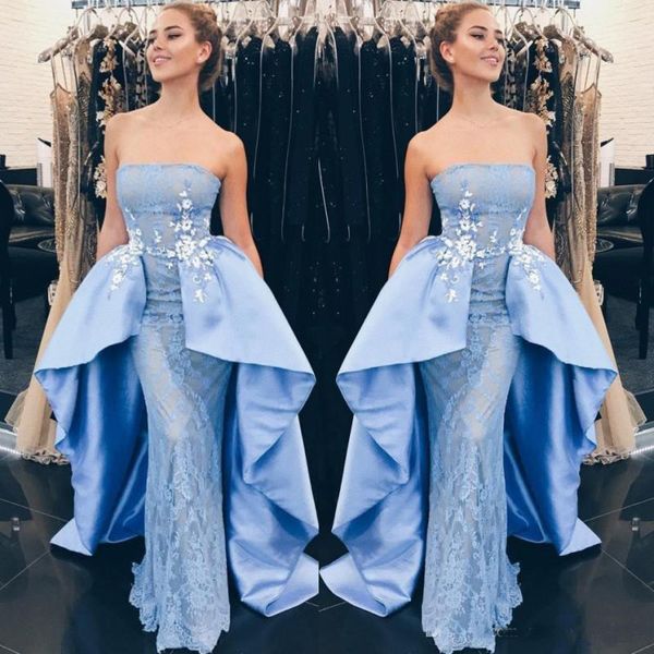 

Light Sky Blue Prom Dresses 2018 Strapless Lace Appliques Overskirt Evening Gowns Party Wear Cocktail Party Dresses