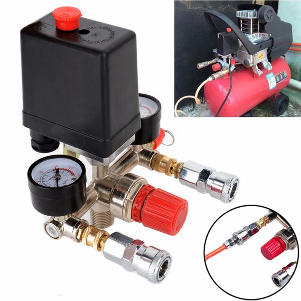 

1pc 240v 20a air compressor pressure valve switch 90-120psi manifold regulator gauges 82x82x52mm