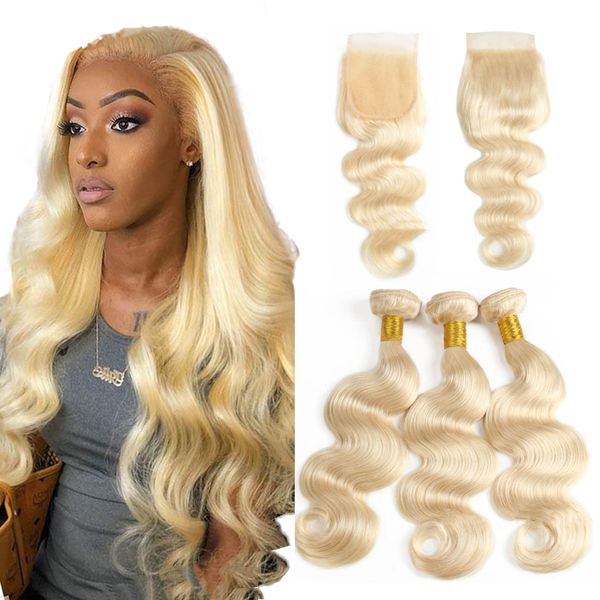 Brazilian Body Wave 613 Blonde Hair Human Hair Bundles With Lace Closure 4x4 Free Part Body Wave Virgin Human Hair Extension Best Weave Hair Best Hair