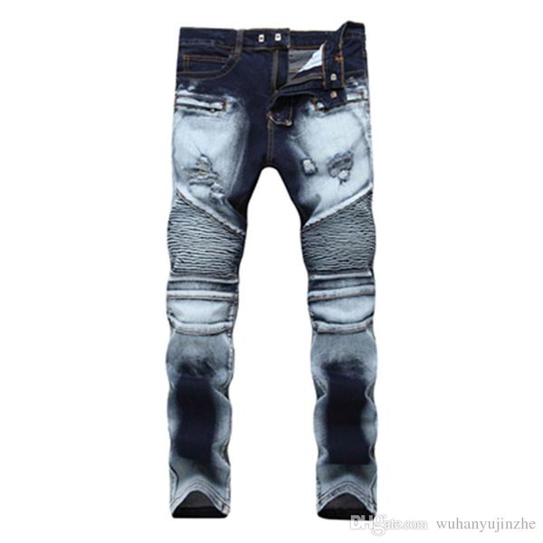 

men distressed ripped jeans fashion designer straight motorcycle biker jeans causal denim pants streetwear style mens jeans cool dh231, Blue