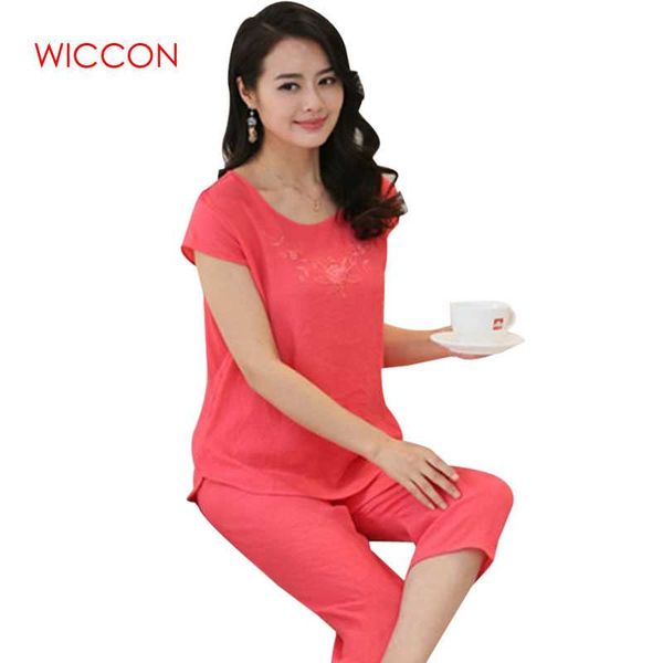 

wiccon women pajama sets home clothes plus size short sleeve pajamas for women calf length pants cotton linen sleepwear set 2018, Blue;gray