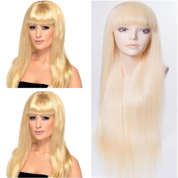 

#613 blonde peruvian virgin human hair lace wigs with bangs straight full lace wigs bleach blonde glueless lace front wigs with baby hair, Black;brown
