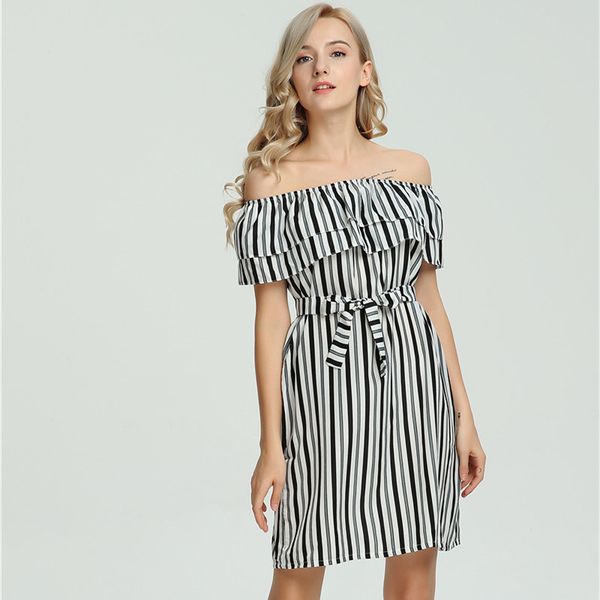 

women's clothing 2019 summer fashion plus size striped ruffled slash neck off shoulder dresses for womens sleeveless vintage prom mini, Black;gray