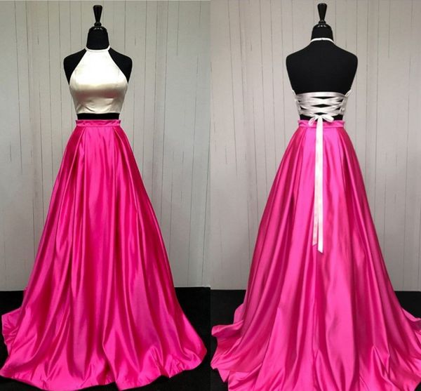 

100% real image two piece prom dresses halter satin corset lace up backless graduation dresses white pink homecoming dress, Black