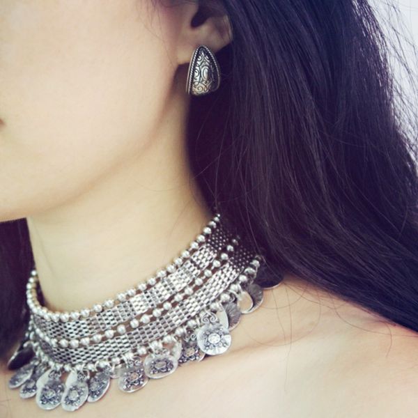 

charming tribal tibet silver coin statement collar choker bib statement necklace short chain wide tassel necklace jewelry, Golden;silver