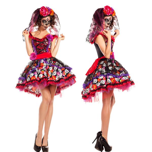 2019 Women Halloween Sexy Creative Skull Ghost Corpse Bride Costume Skeleton Day Of The Dead Costume Cosplay Flower Fairy Fancy Dress From Lemon888,