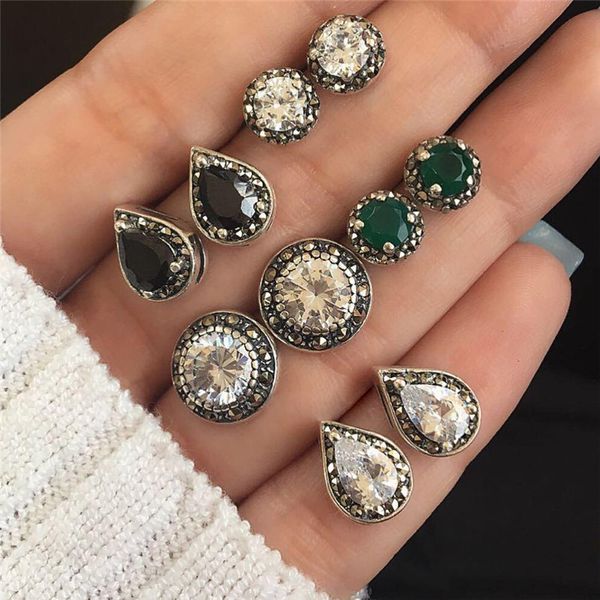 

new bohemian style round droplets shape crystal stud earrings set for women boucle d'oreille jewelry 5 pairs sets sr, Golden;silver