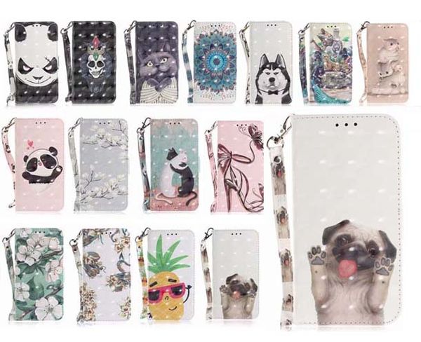 

3d painting design animal flower wallet flip pu leather case with strap for new iphone 2019 xs max xr 8 7 6s plus samsung s10 plus note 10