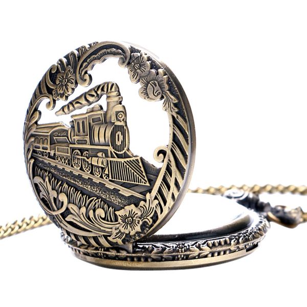 

vintage retro bronze hollow train locomotive steampunk quartz pocket watch women men necklace pendant with chain birthday gift, Slivery;golden