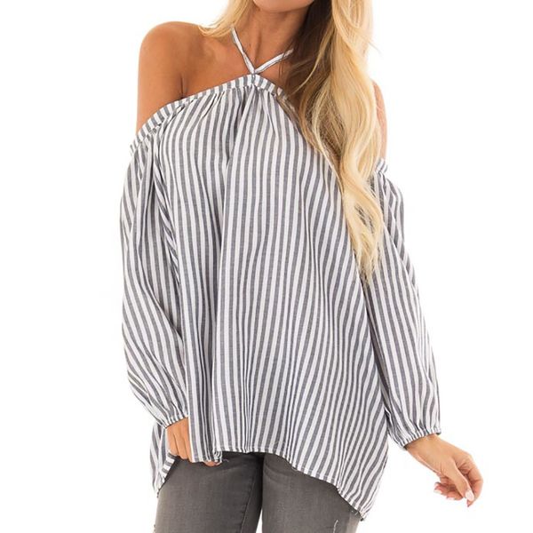 

feitong feminine blouse stripe off shoulder halter long sleeve blouse pullover shirt 2018 womens and blouses, White