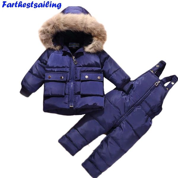 

russia winter suit for children kids duck down clothing set baby boys girls thickening suit white duck down jacket + pants 2ps, Blue;gray