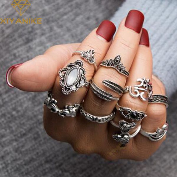 

xiyanike 11pcs/set vintage midi ring sets elephant leaves knuckle rings for women antique bronze boho anillos mujer jewelry r156, Golden;silver