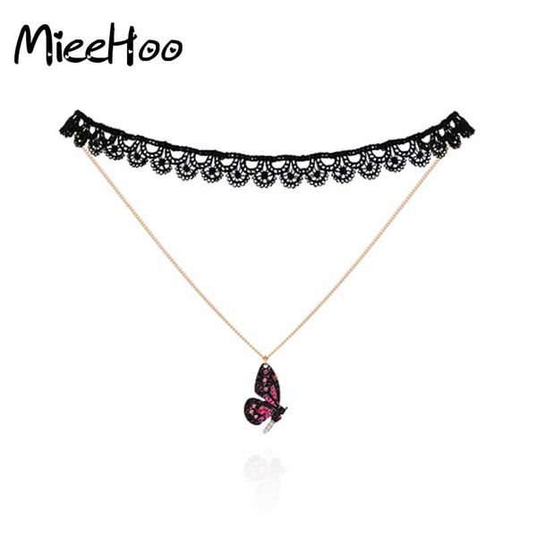 

2018 new arrival gothic cute butterfly double chain pendant black velvet lace chokers necklaces for women collier femme, Golden;silver