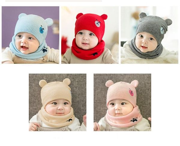 Sombrero Caliente 1set Punto Unisex del Sombrero del Sombrero del Invierno Estilo Creativo Animal Linda con la Bufanda para Beb/és y Ni/ños Beige