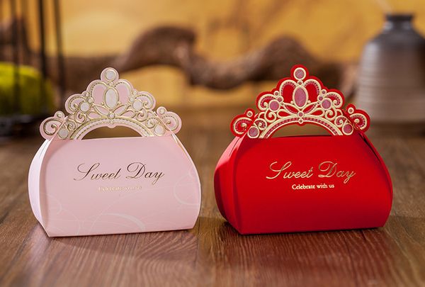 Sweet Love Pink Princess Gold Crown Wedding Favor Candy Box