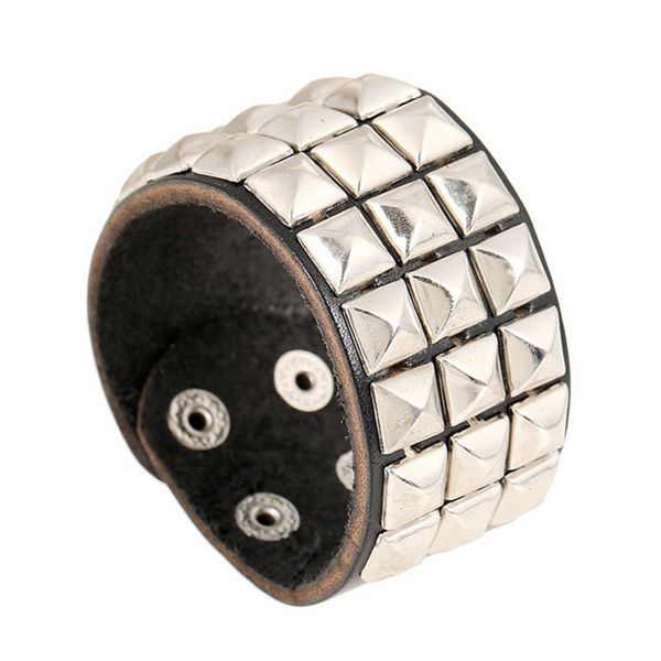 

new fashion alloy pyramid rivets leather bracelet black punk wide wristband with snap fastener leather jewelry accessories gifts wholesale, Golden;silver