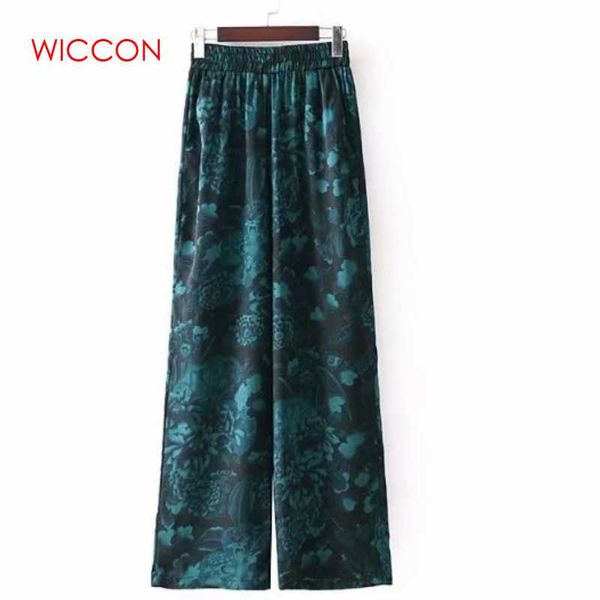 

wiccon 2018 new women vintage elegant green flower printing elastic waist casual wide leg pants fashion leisure long loose pants, Black;white