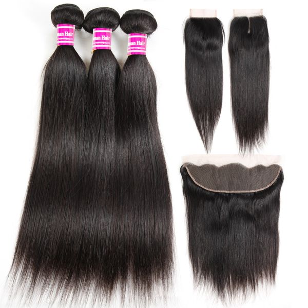 

straight 8a brazilian human hair bundles with frontal 100% unprocessed virgin hair wefts bundles with closure extensions wholesale, Black