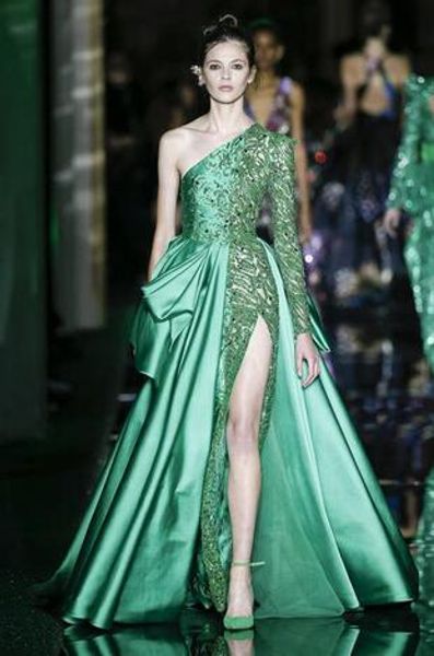 

evening dress long dress one shoulder green ruffle long sleeve have a personablity emborided zipper dazzing elegrent beautifui, Red