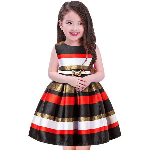 

2018 girl's dresses short striped skirts sleeveless taffeta sash boat neck knee-length princess stage party dress, Red;yellow
