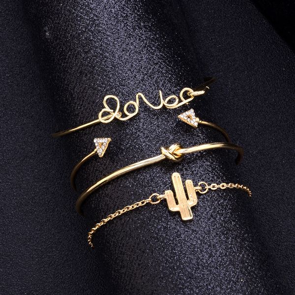 

love letter cactus knotted 4 piece set bracelet retro triangle crystal jewelry bracelet for women jewelry gift, Golden;silver