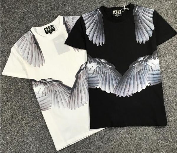 

2018 summer new wings angel wings feather round neck printed short sleeved t-shirt tide brand loose men t-shirt, White;black