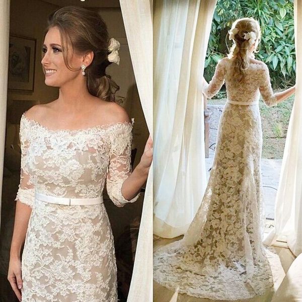 

ull Lace Wedding Dresses with Half Sleeves Off Shoulder Champagne Lining Custom Made Garden Wedding Bridal Gowns