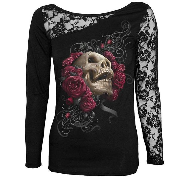 

Halloween Elements T-Shirt Women O -Neck Long Sleeve Lace One Shoulder Top Tees Black Plus Size M -5xl Female Fashion
