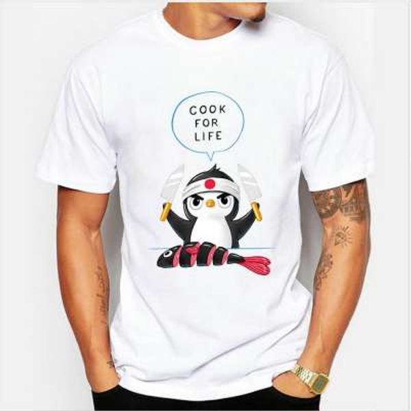 Erkek Moda Yaz Kısa T Gömlek Erkekler Marka Giyim Pamuk Erkek T-shirt Karikatür Penguen Pişirme Baskı Tişört Erkekler Giyim