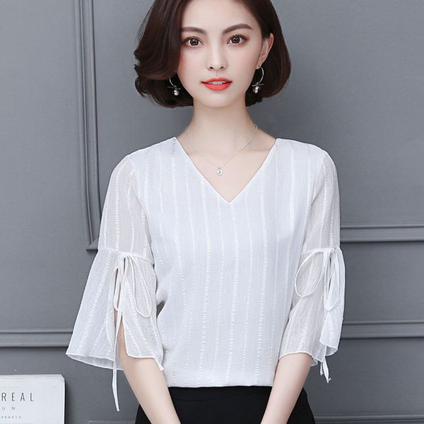 

women spring summer style chiffon blouses shirts lady casual short sleeve bow tie v-neck flare sleeve blusas df1828, White