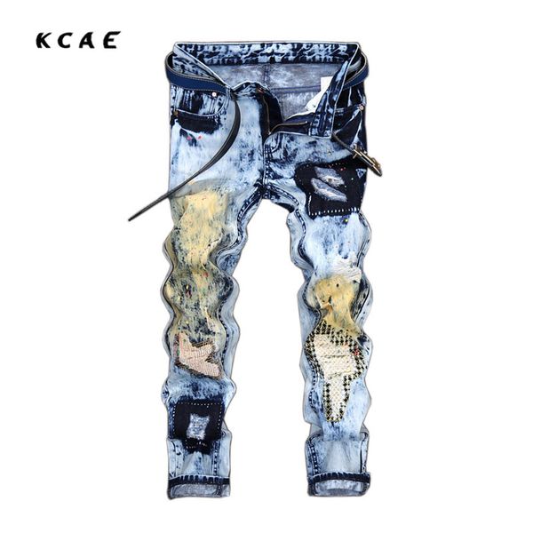 

european and american style men's jeans ink hole straight slim personality to do the old color patch men's pants size 28-40 42, Blue