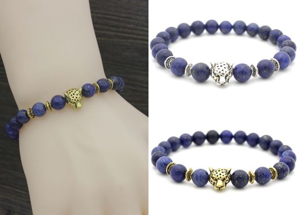 

blue lapis lazuli leopard head string prayer beads crystal gemstone antique gold silver men women bracelets dhl g371s, Golden;silver