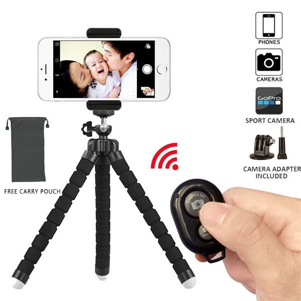 

tripod stand holder, flexible mini, with bluetooth wireless remote shutter and universal clip for iphone phone, ipad, digital camera, gopro