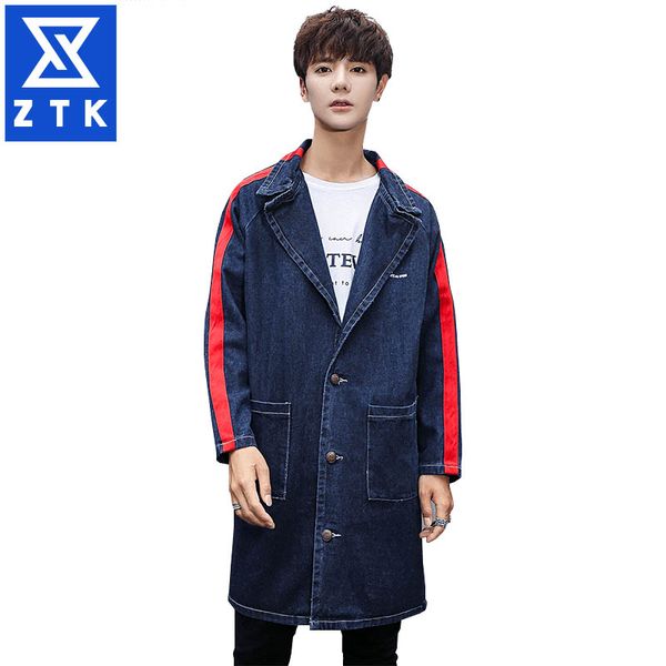 

men's long flip collar trench coat with a stylish printed denim jacket, Tan;black
